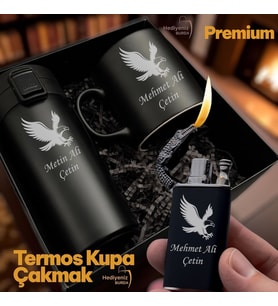 İsme Özel Kartal Figürlü Lüks Hediye Seti -  Çelik Termos Bardak Çakmak Kupa - Premium Hediye Paketli