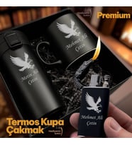 İsme Özel Kartal Figürlü Lüks Hediye Seti -  Çelik Termos Bardak Çakmak Kupa - Premium Hediye Paketli