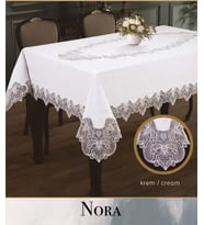 Nora Model Krem-Krem 155x260 cm Keten Masa Örtüsü Tablecloth Şık Ev Dekoru