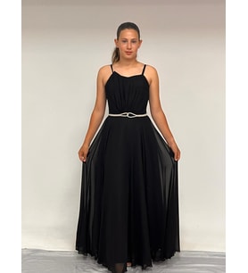 Kız Çocuk Abiye Askılı Siyah  Şifon Drape ve Taş Detaylı  Abiye Elbise 10-15 Yaş