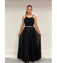 Kız Çocuk Abiye Askılı Siyah  Şifon Drape ve Taş Detaylı  Abiye Elbise 10-15 Yaş