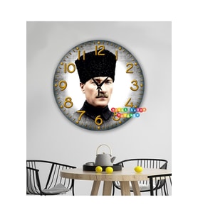 Ahşap Atatürk temalı RETRO TASARIM Dekoratif duvar Saati dijital uv baskı (Çok Renkli)