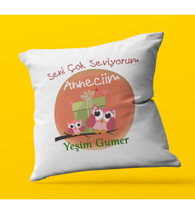 Kişiye Özel Seviyorum Anneciğim 3 Tasarımlı   Saten Kare Yastık (Beyaz)