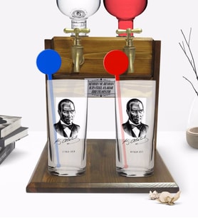 BK Gift Kişiye Özel Renkli Baskılı Atatürk Temalı İkili Vodka Bardağı ve Çift Musluklu Doğal Ahşap Vodka Standı-14 (Model 1)