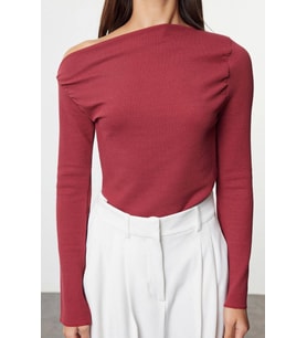 Moda Kayık Yaka Örme Slim Düz Desen Casual Günlük Uzun Uzun Kol Bluz (Bordo)