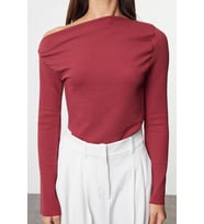 Moda Kayık Yaka Örme Slim Düz Desen Casual Günlük Uzun Uzun Kol Bluz (Bordo)