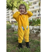 Kız Erkek Unisex Kışlık Peluş Polar Sarı Kapüşonlu Çocuk Bebek Tulum Civcivli Pijama Takımı