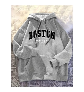 Unisex Boston Baskılı Oversize Sweatshirt (Gri)