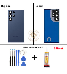 Samsung S24 Ultra Mavi Arka Pil Kapağı Batarya Kapağı Lazer Kesim + Yapıştırıcı ve Vida Seti
