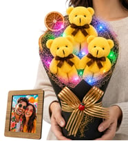 Doğum Günü Hediyesi Kişiye Özel Fotoğraflı Renkli Led Işıklı Peluş Ayıcık Buketi (Sarı)