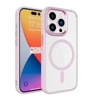 Coverzone iPhone 15 Pro ile uyumlu K?l?f Wireless ?arj �zellikli Metal buton Z-Krom MagSafe ile uyumlu ?effaf Transparan Double Color Silikon Kapak Pembe A�?k