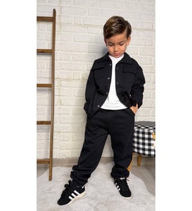 Cg Kids Jogger Kumaş Pantolon Ceket Basic Uzun Kollu Body 3lü Alt Üst Takım Erkek Çocuk Takım (Siyah)