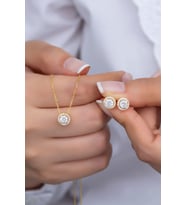 925 Ayar Gümüş Gold Elmas Montür Tektaş Kolye ve Küpe Set