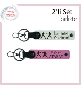 Ringin Kalbinde Taşınacak Hediye, Boks Temalı, Kişisel Yazılı 2’li Anahtarlık, Beyaz-Pembe