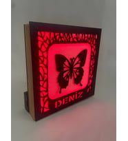 Kişiye Özel İsimli Kelebek Tasarımlı Ahşap LED Gece Lambası Kırmızı