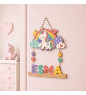 Kişiye Özel İsimli Unicorn ve Gökkuşağı Temalı Ahşap Çocuk Odası Kapı Süsü