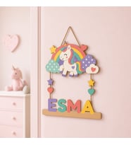 Kişiye Özel İsimli Unicorn ve Gökkuşağı Temalı Ahşap Çocuk Odası Kapı Süsü