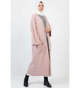 Kadın Kışlık Kimono Kol Cepli V Yaka Hırka 4100 (Pudra)