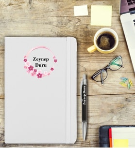 İsme Özel Çiçek Desen Baskılı Defter ve Kalem