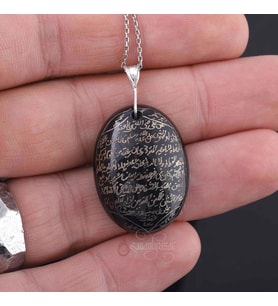 Hilye-i Şerif Siyah Akik Taşlı Dualı Gümüş Kolye