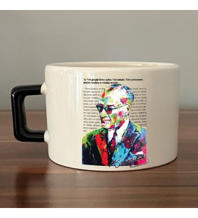 Renkli Atatürk Baskılı Gençliğe Hitabe Yazılı Siyah Kulplu Seramik C Kupa (Beyaz)