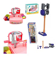 Bulaşık Yıkama Seti - Pilli Su Akıtan Modern Lavabo + Oyuncak Pilli Dikey Süpürge