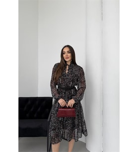 Neşeli butik kadın siyah dik yaka bağlama detaylı şifon kumaş uzun kol midi elbise NBELB01