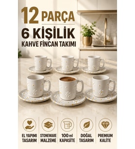 6 Kişilik Seramik Kahve Fincan Takımı Yuvarlak Sunum Tabaklı Porselen Türk Kahvesi Fincan Seti