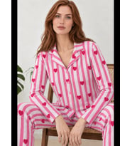 Night Pembe Kadın Uzun Kollu Gömlek Yaka Çizgili Kalpli Pijama Takımı 4770