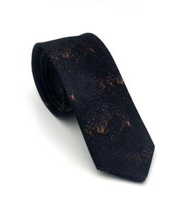 Kahverengi Desenli Lacivert Dokuma Kumaş Mendilli Slim Fit Kravat // SDK-2613-5