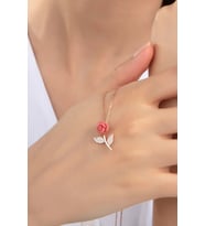 Kadın Orjinal 925 Ayar Gümüş Zirkon Taşlı Pembe Taşlı Gül Model Kolye (Rose)