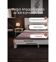 Alaz Model Dikey Başlıklı Masif Ahşap Karyola ve 2 Adet Komodin Kolay Kurulum Fırınlanmış İthal Sibirya Çamı 180x200 Yatak Uyumlu 2 Adet Komodin