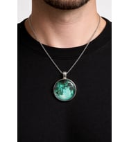 Turkuaz Galaksi Desenli Yuvarlak Kolye Gümüş Renk Zincir Unisex