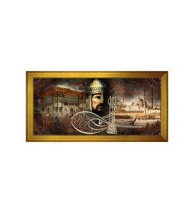 Fatih Sultan Mehmet ve Eski İstanbul Motifli Kanvas Tablo 50 x 70 cm Gold Çerçeve