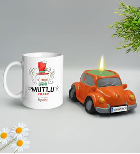 Yılbaşı Hediyesi BK Gift Kişiye Özel Yeni Yıl Tasarımlı Beyaz Kupa Bardak ve Plakalı Nostaljik Vosvos Mum Hediye Seti-5, Sevgiliye, Arkadaşa Hediye