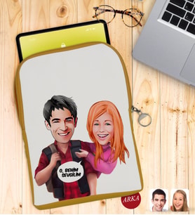 BK Gift Kişiye Özel Sevgililer Karikatürlü Taşınabilir Koruyucu Tablet Kılıfı & Organizer Çanta - Sarı-91