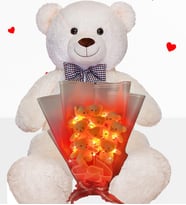Hediye Sevgiliye 90cm Büyük Ayıcık ve Ledli 9 Ayıcıklı Ayıcık Buketi Peluş Set (Beyaz)