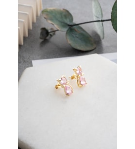 925 Ayar Gümüş Gold Kaplama Pembe Zirkon Taşlı Kedi Küpe