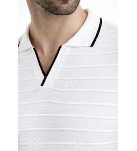 Erkek Triko Kumaş Yakalı Düğmesiz Açık Yaka Fitilli Kısa Kollu Regular Fit Tişört T-shirt - Beyaz