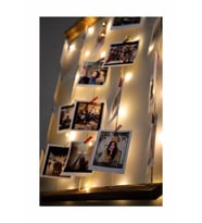 Kişiye Özel 12 Fotoğraflı Mandallı Jüt İpli 3 Mt Led Işıklı Masif Ahşap Fotoğraf Çerçeve Askısı
