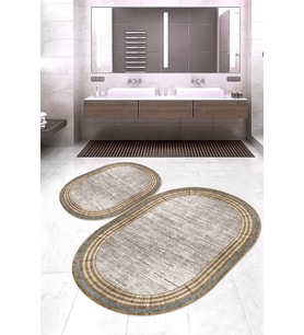 Dijital Baskılı Kaymaz Taban Yıkanabilir Oval 2'li Klozet Takımı Banyo Paspası NOKZ-HT-662 (Bej)