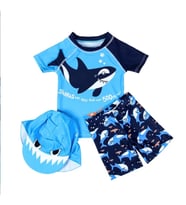 Petityu UP50+ Güneş Korumalı Tek Kol Lacivert Shark Kısa Kol Erkek Çocuk Mayo T-shirt Şapka Set