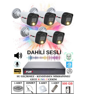 FURY 5 li Sesli Gece Renkli Görüş Güvenlik Kamerası Su Geçirmez Güvenlik Kamerası Seti 500GB