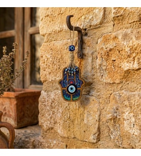 Nazar Boncuklu Fatıma Ana Eli Ahşap Desenli Hediyelik Duvar Süsü, 24 cm Hamsa (Mor)