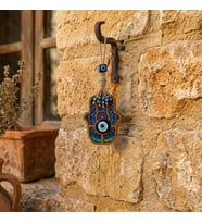 Nazar Boncuklu Fatıma Ana Eli Ahşap Desenli Hediyelik Duvar Süsü, 24 cm Hamsa (Mor)