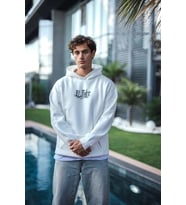 Üç İplik Penye Kapşonlu Baskılı SweatShirt - Beyaz