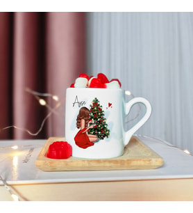 Mutlu Yıllar & Merry Christmas Yılbaşı Tasarımlı Ahşap Tabaklı Kişiye Özel Türk Kahvesi Fincanı