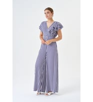 Fırfır Detaylı Bluz Ve Bol paça Pantolon Çizgili Kemerli Tulum (Mavi)