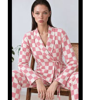 Night Kadın Kruvaze Yaka Kareli Beli Kuşaklı Pijama Takımı 4785