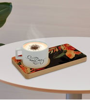 BK Gift Kişiye Özel Yapraklar Tasarımlı Doğal Ahşap Tabaklı Seramik Fincan Sunum Seti  Model 11